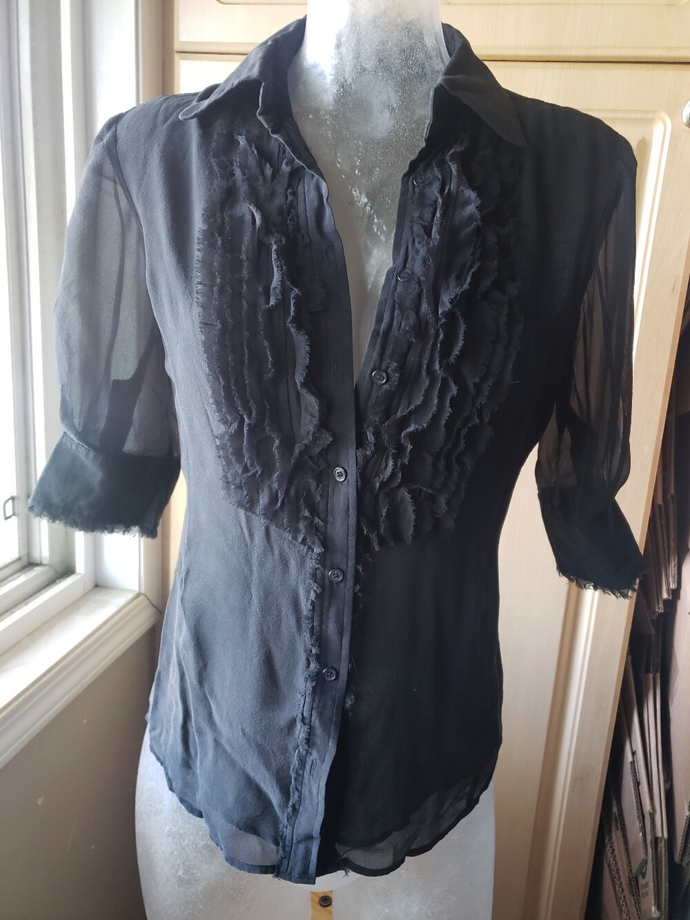 100% Silk Double Layer Black Ruffle-Trim Button Blouse